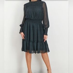 Just Taylor Dark Pine and Black Ruffle Long Sleeved Dress, Size 10